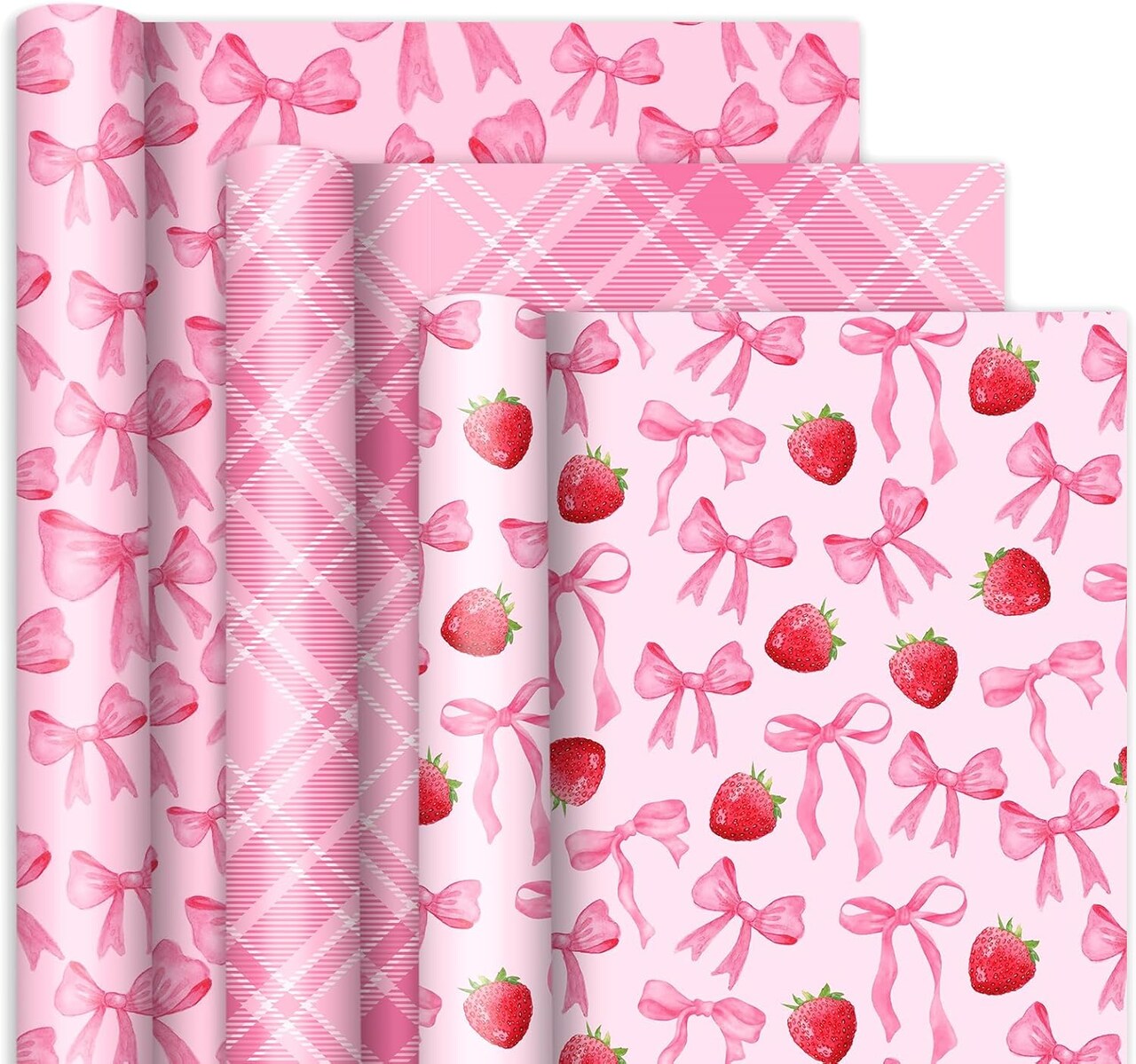 3 Rolls Pink Bow Wrapping Paper -Mini Roll- 17 In x 16.4 Ft Plaid Bow-Knot Strawberry Gift Wrap Paper for Holiday Wedding Baby Shower Birthday Party Wrapping Supplies
